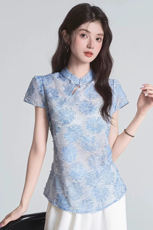 soft sky mandarin collar summer short sleeve shirt