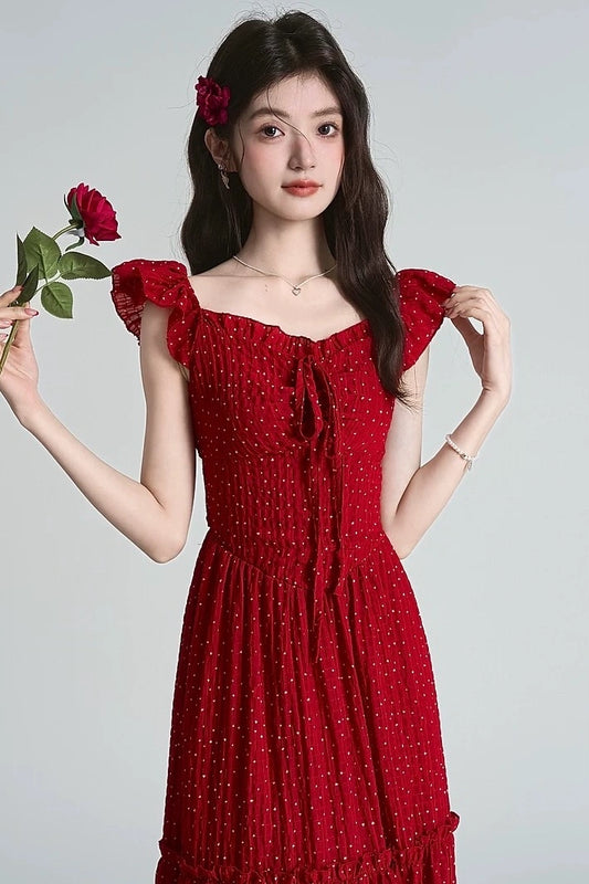 retro dots red backless short sleeve summer style dress