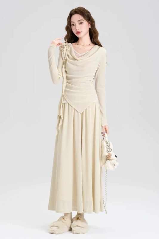 high-end spring lace long sleeve shirt 2-piece set skirt