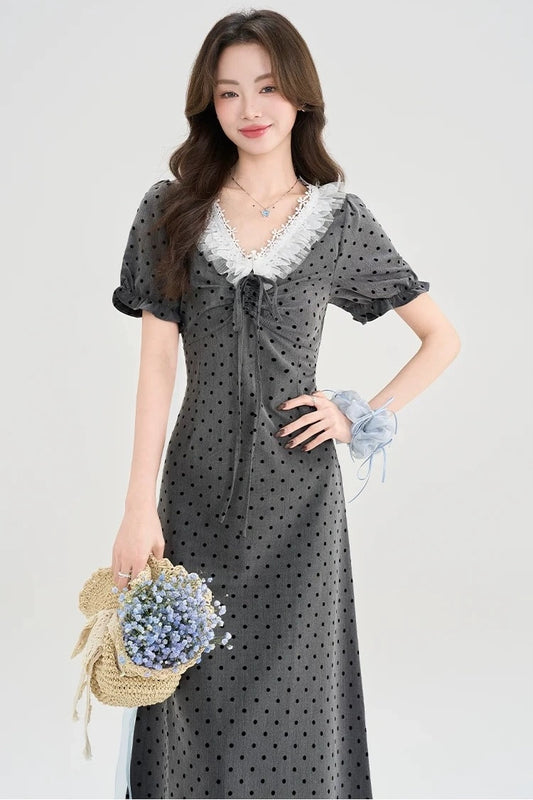 gray polka dot lace trim puff sleeves retro dress