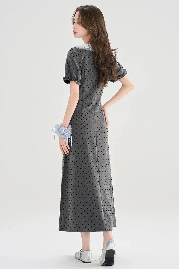 gray polka dot lace trim puff sleeves retro dress