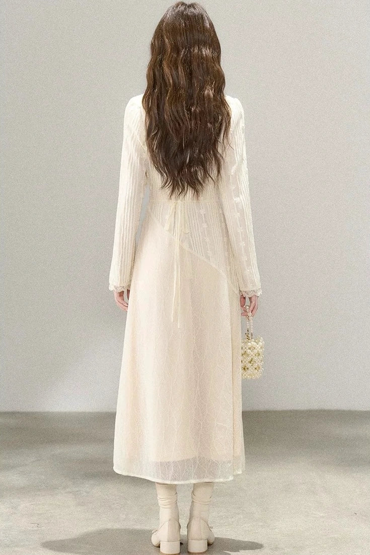 french creme lace soft v-neck long sleeve dress