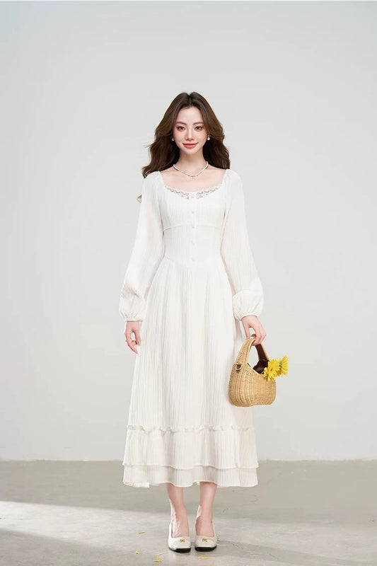charming early spring french square neck lace dress
