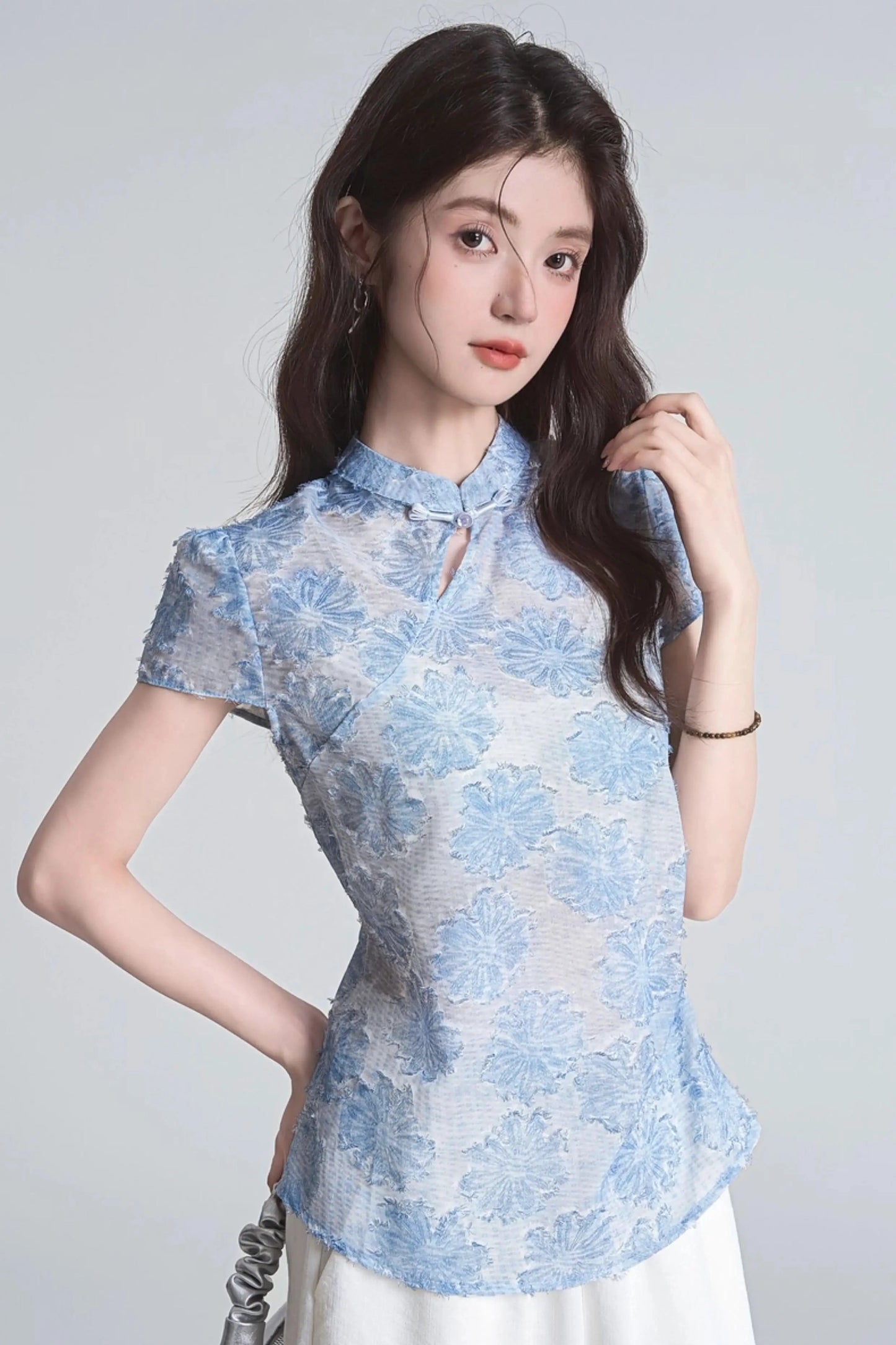 soft sky mandarin collar summer short sleeve shirt