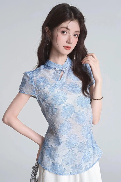 soft sky mandarin collar summer short sleeve shirt