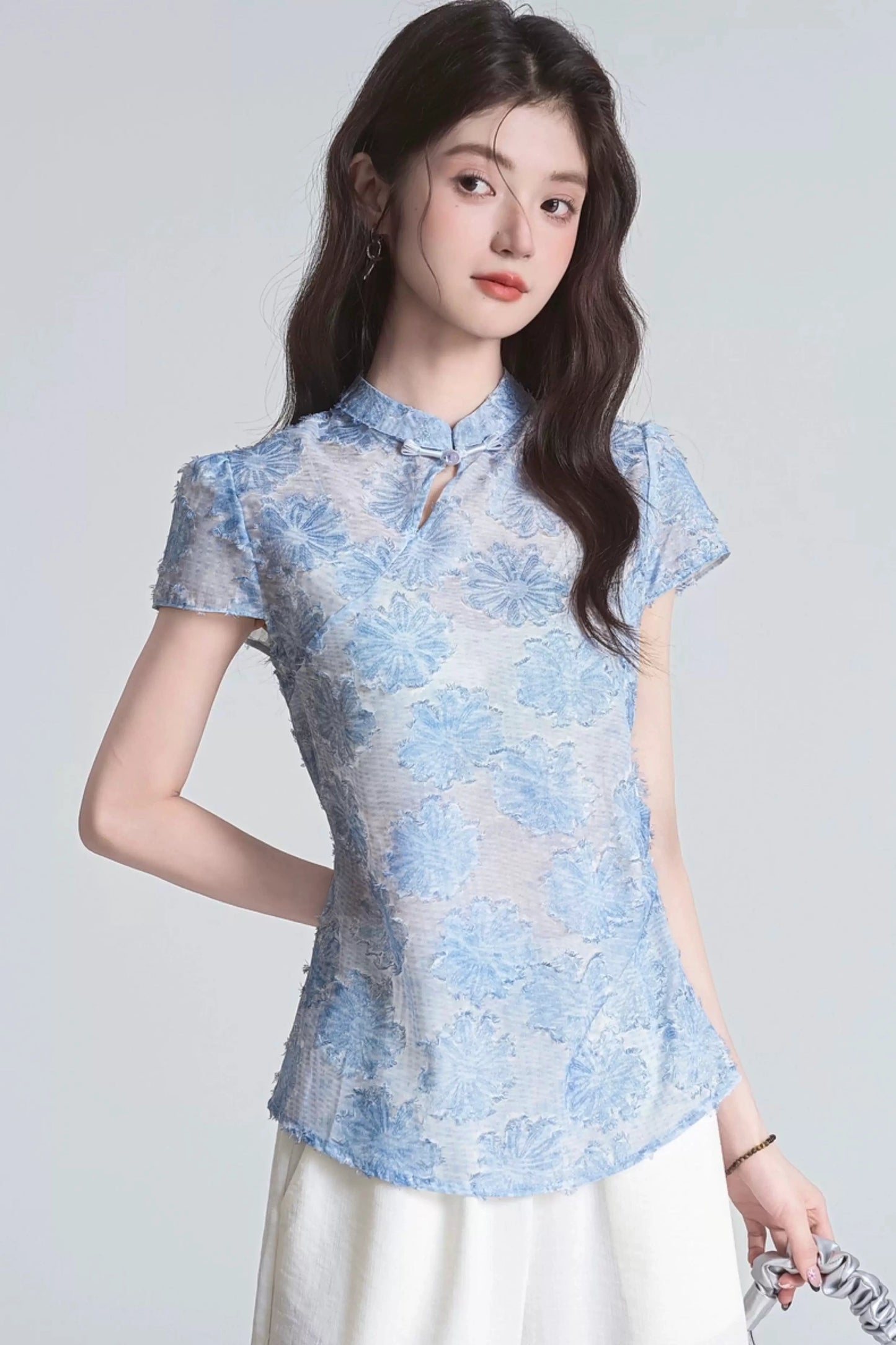 soft sky mandarin collar summer short sleeve shirt