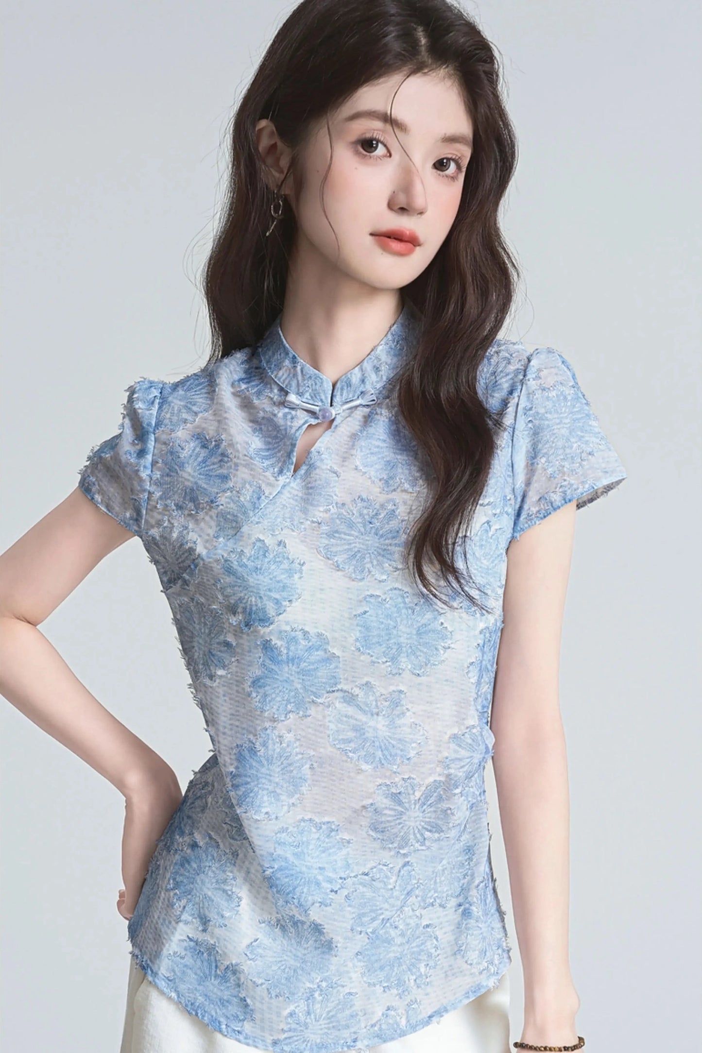 soft sky mandarin collar summer short sleeve shirt