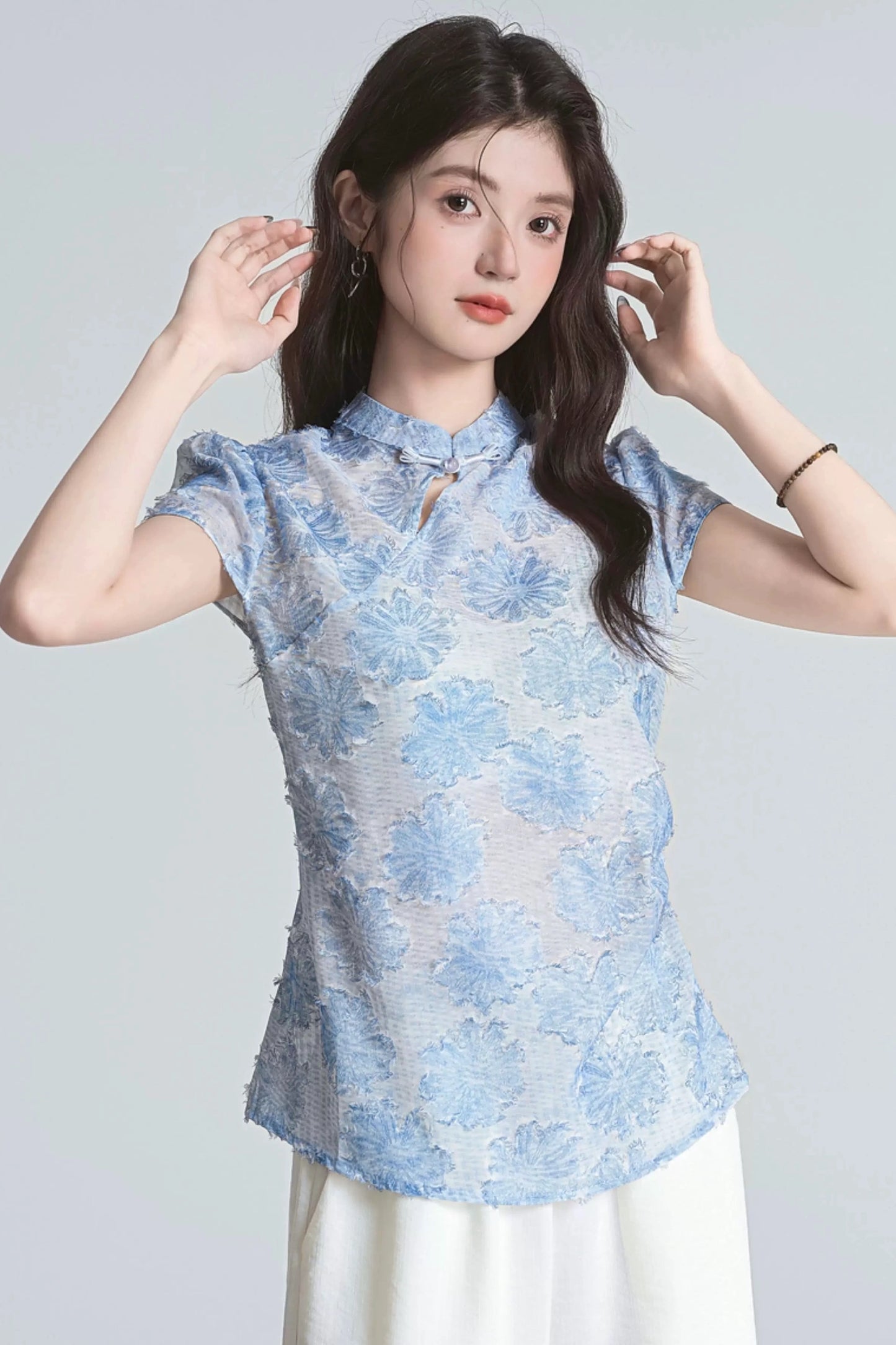soft sky mandarin collar summer short sleeve shirt