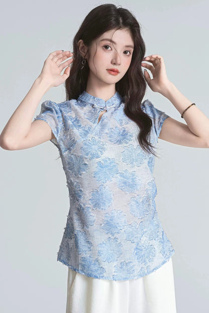 soft sky mandarin collar summer short sleeve shirt