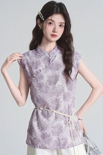 pure lilac mandarin collar summer short sleeve shirt