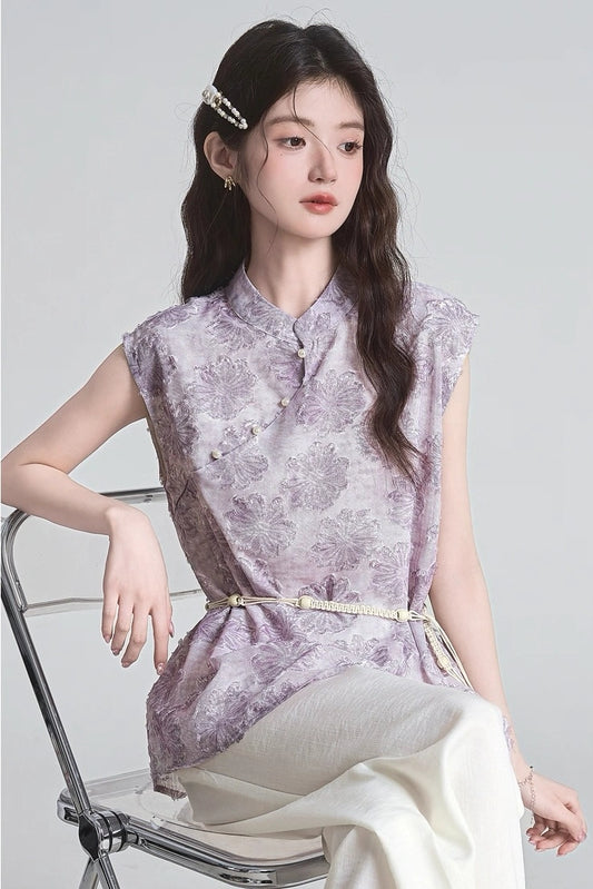 pure lilac mandarin collar summer short sleeve shirt