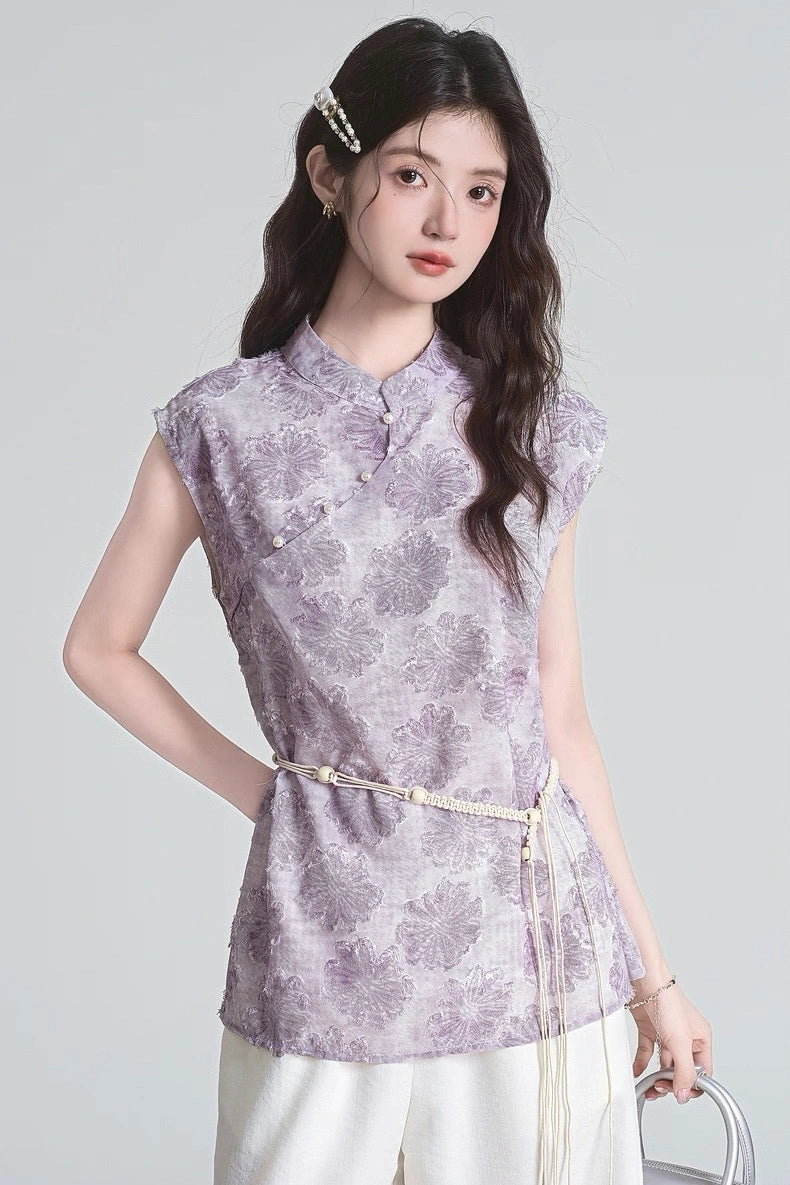 pure lilac mandarin collar summer short sleeve shirt