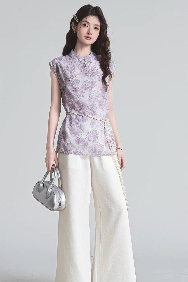 pure lilac mandarin collar summer short sleeve shirt