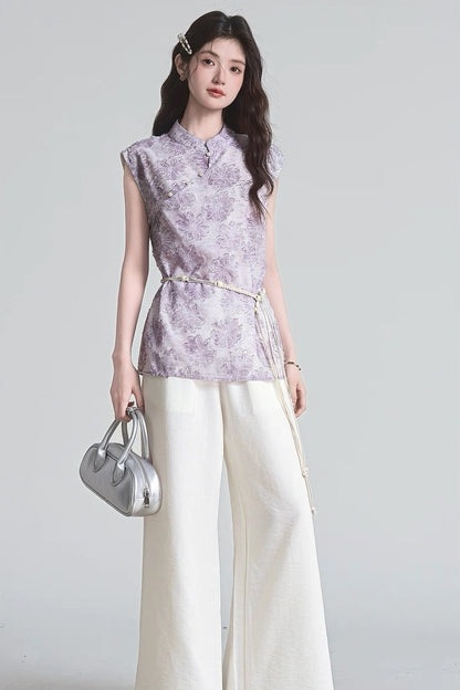 pure lilac mandarin collar summer short sleeve shirt