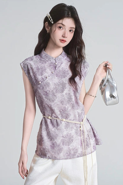 pure lilac mandarin collar summer short sleeve shirt
