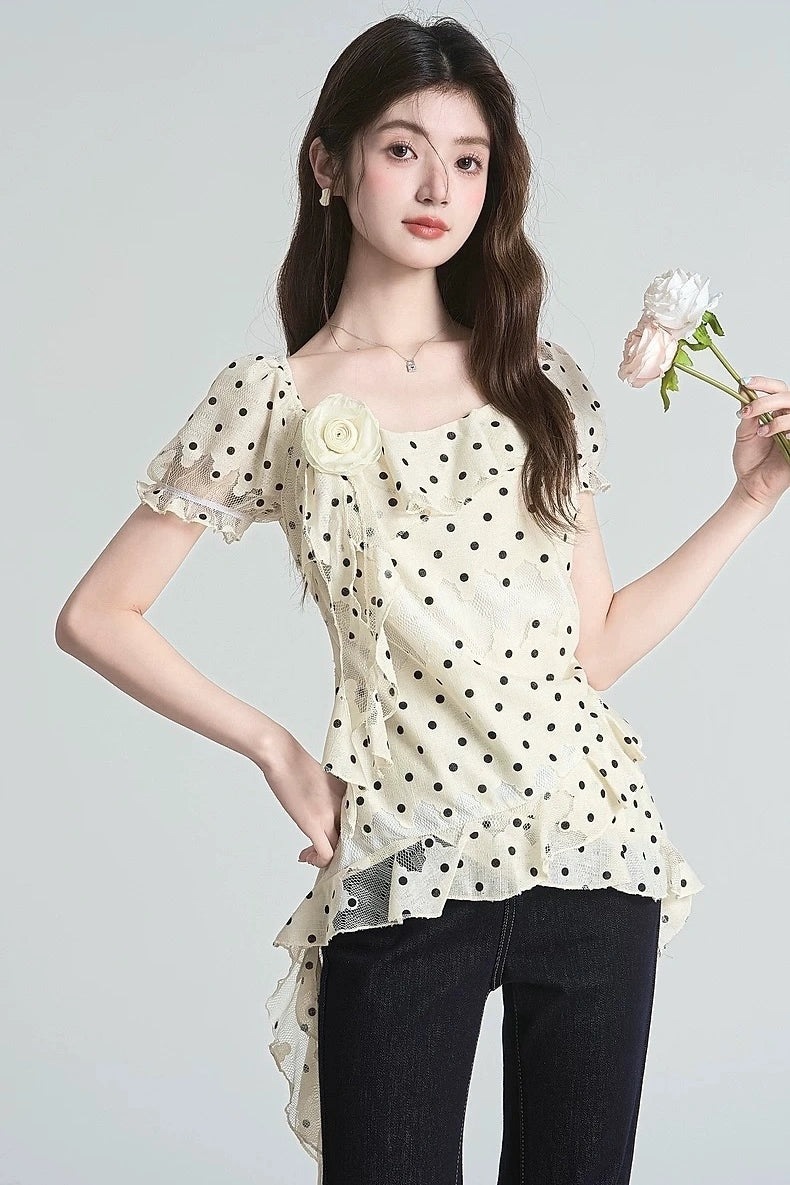 ruffle polka dot design short sleeve shirt