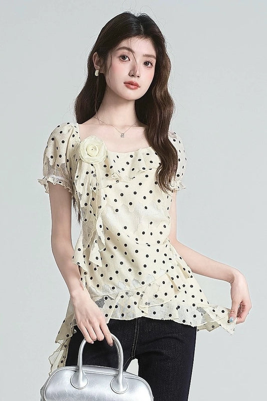 ruffle polka dot design short sleeve shirt