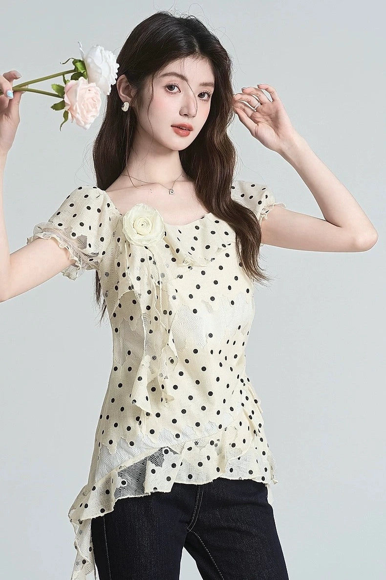 ruffle polka dot design short sleeve shirt
