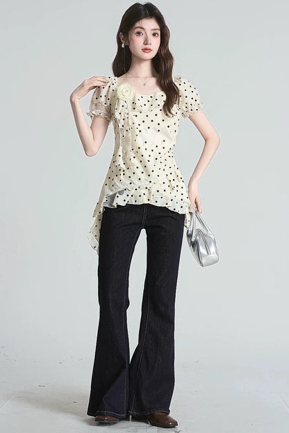 ruffle polka dot design short sleeve shirt