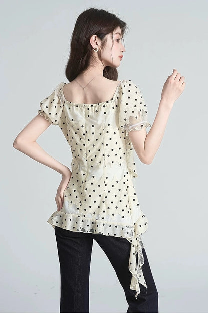 ruffle polka dot design short sleeve shirt