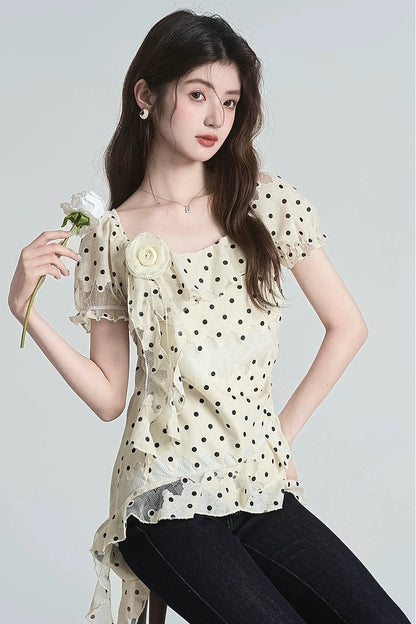 ruffle polka dot design short sleeve shirt