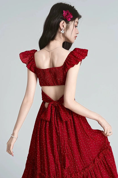 retro dots red backless short sleeve summer style dress