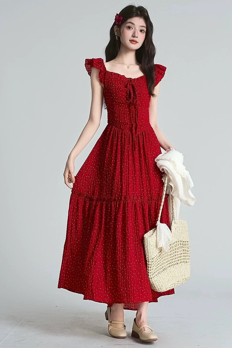 retro dots red backless short sleeve summer style dress