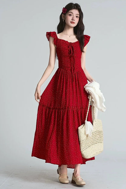 retro dots red backless short sleeve summer style dress