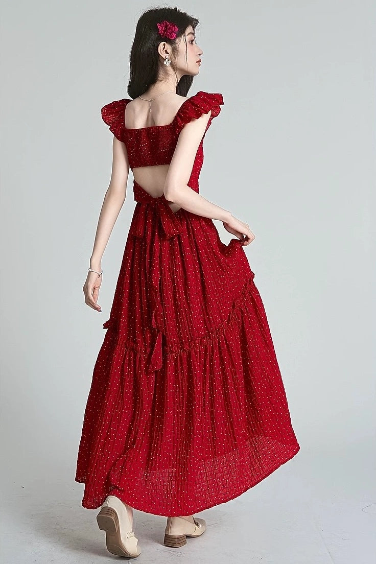 retro dots red backless short sleeve summer style dress