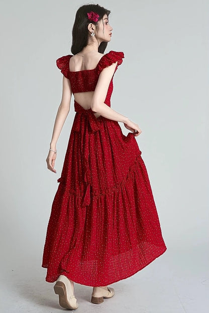 retro dots red backless short sleeve summer style dress