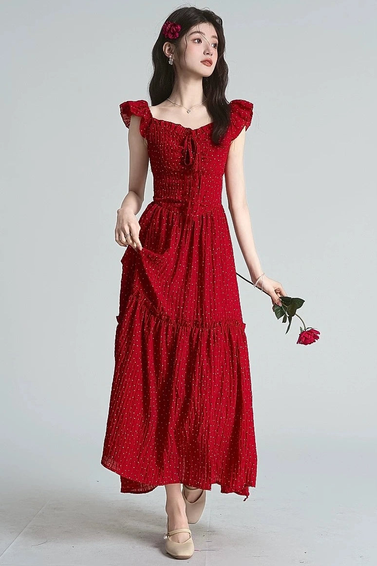 retro dots red backless short sleeve summer style dress