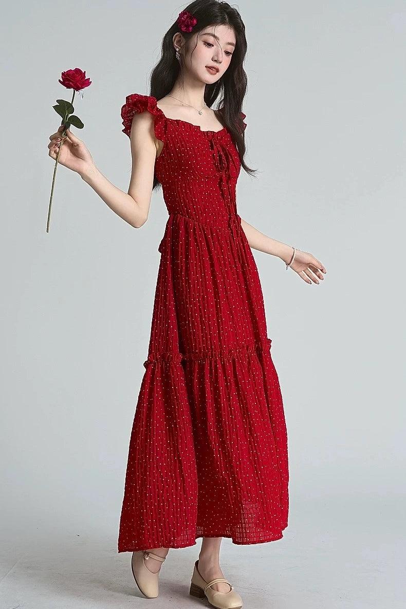 retro dots red backless short sleeve summer style dress