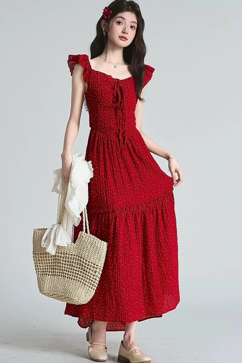 retro dots red backless short sleeve summer style dress