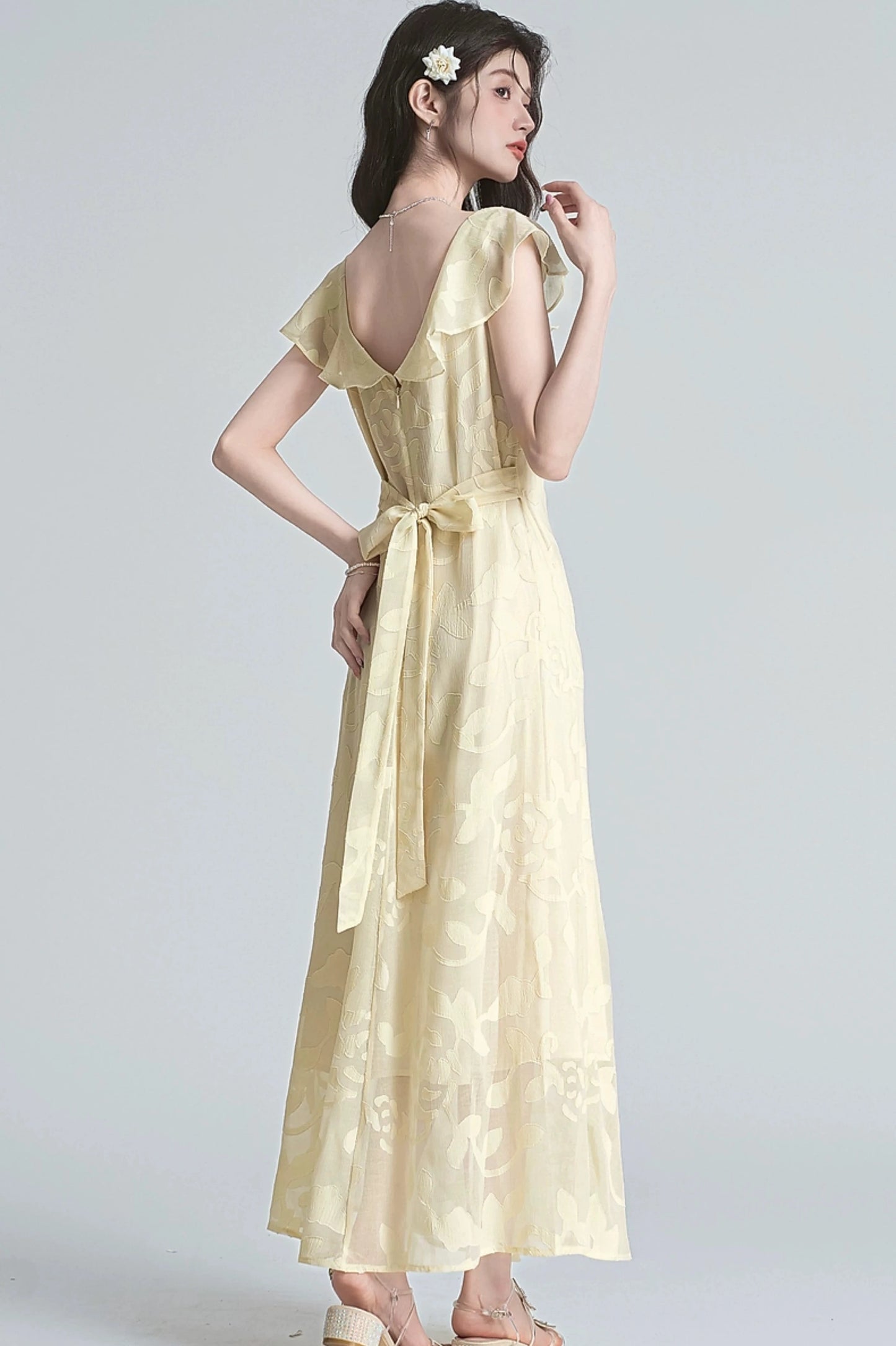 pure sun ruffle chiffon floral midi dress