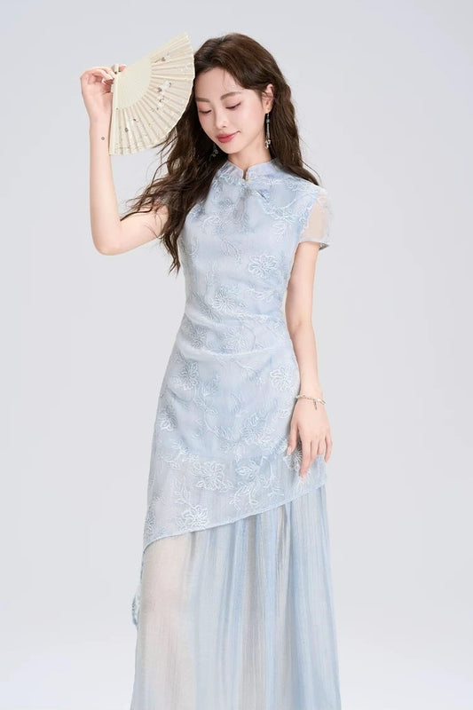 sky spring joy jacquard chinese qipao cheongsam long dress