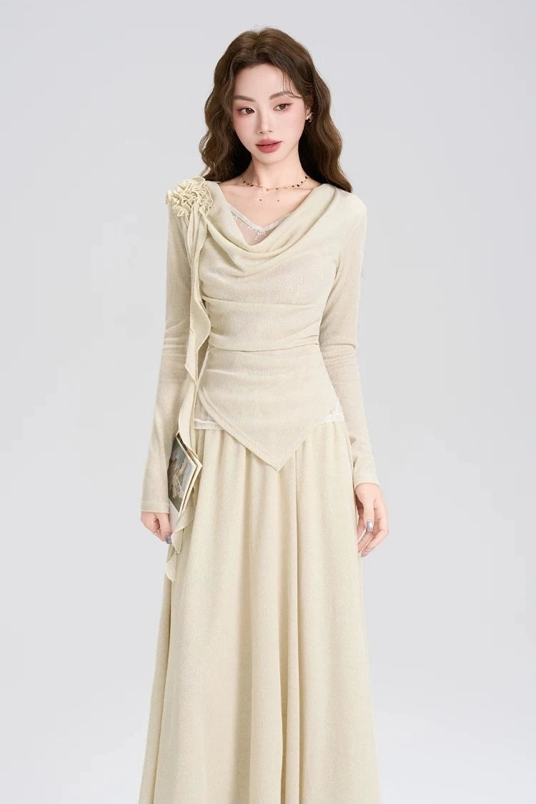 high-end spring lace long sleeve shirt 2-piece set skirt