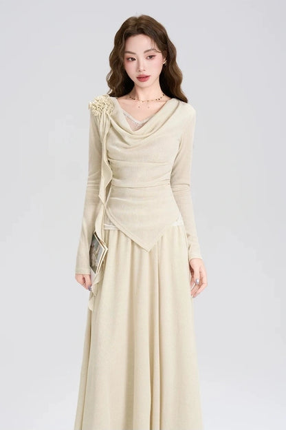 high-end spring lace long sleeve shirt 2-piece set skirt