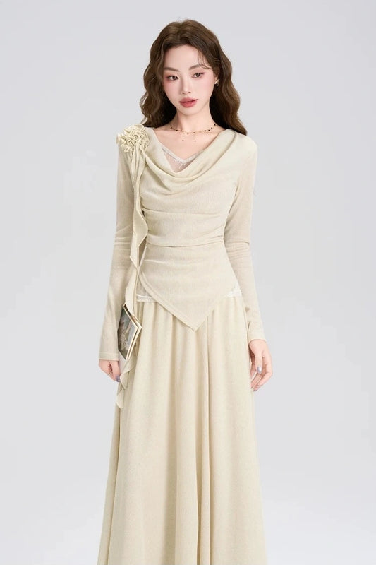 high-end spring lace long sleeve shirt 2-piece set skirt