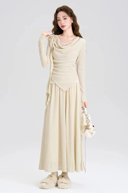 high-end spring lace long sleeve shirt 2-piece set skirt