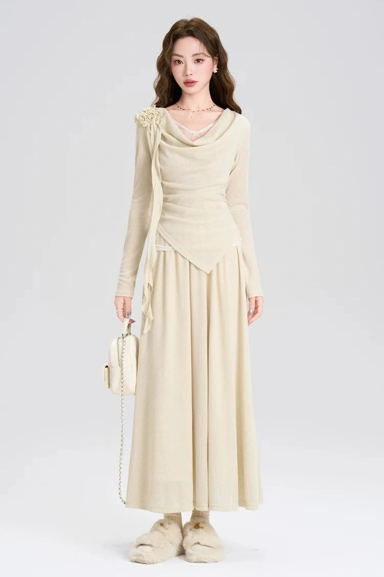 high-end spring lace long sleeve shirt 2-piece set skirt