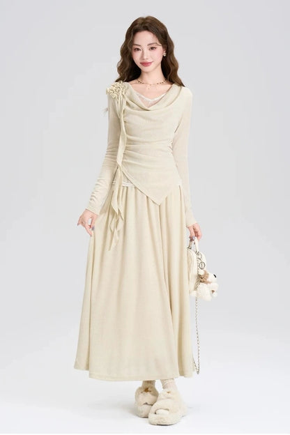 high-end spring lace long sleeve shirt 2-piece set skirt