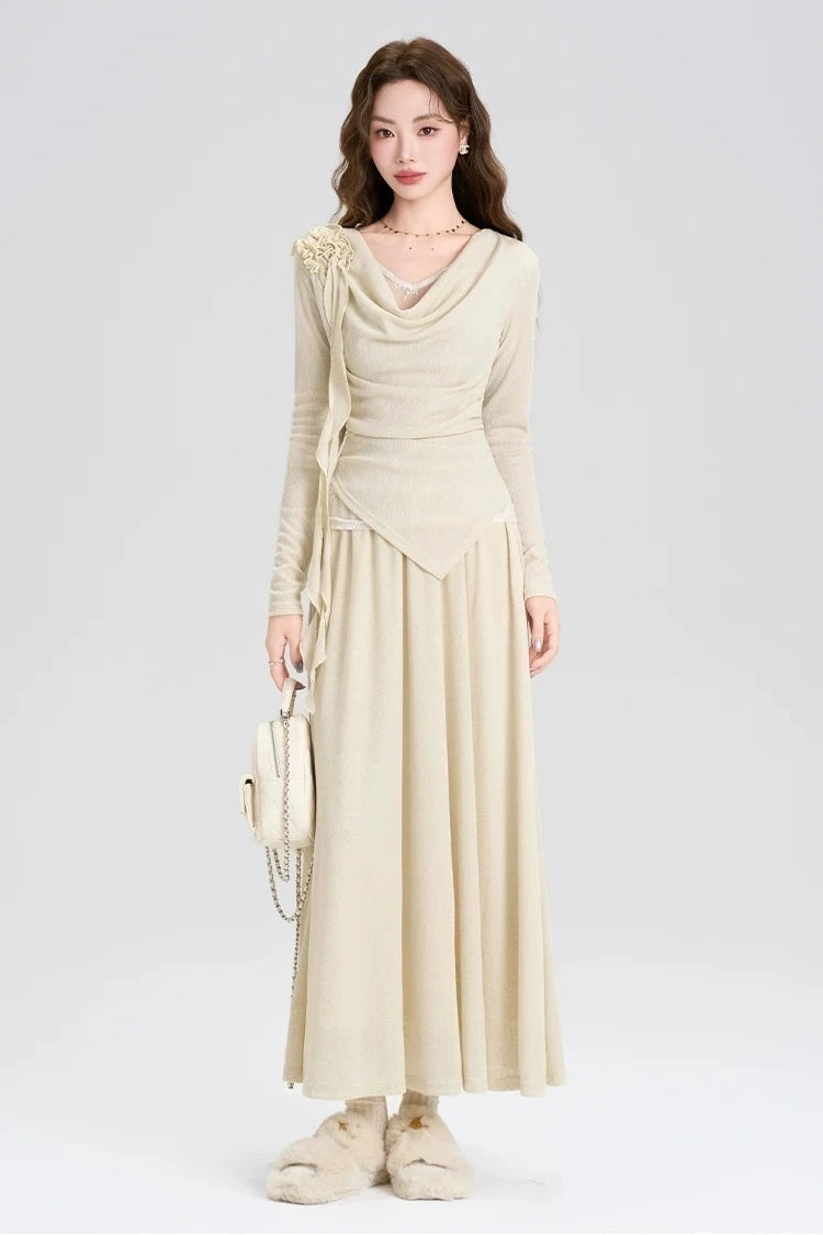 high-end spring lace long sleeve shirt 2-piece set skirt