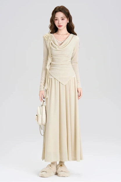 high-end spring lace long sleeve shirt 2-piece set skirt