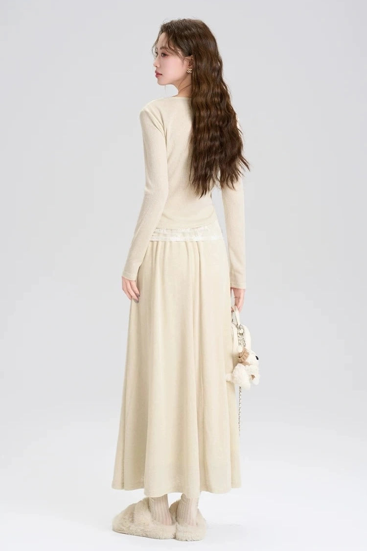 high-end spring lace long sleeve shirt 2-piece set skirt