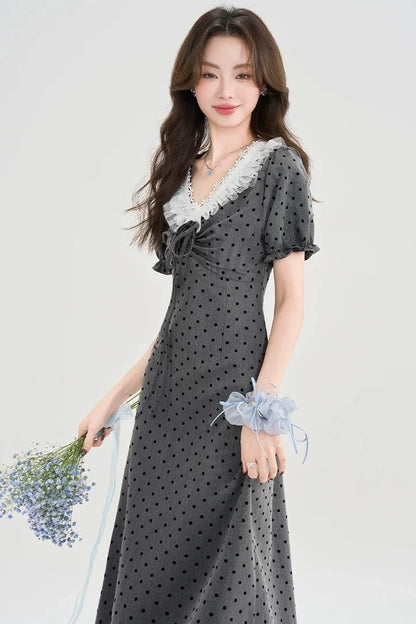 gray polka dot lace trim puff sleeves retro dress