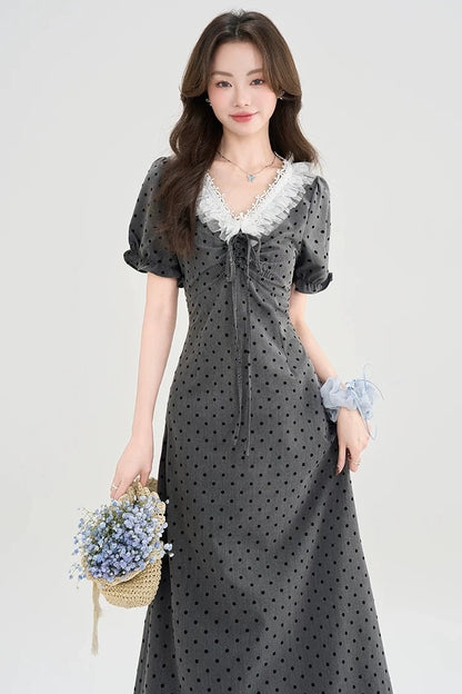 gray polka dot lace trim puff sleeves retro dress
