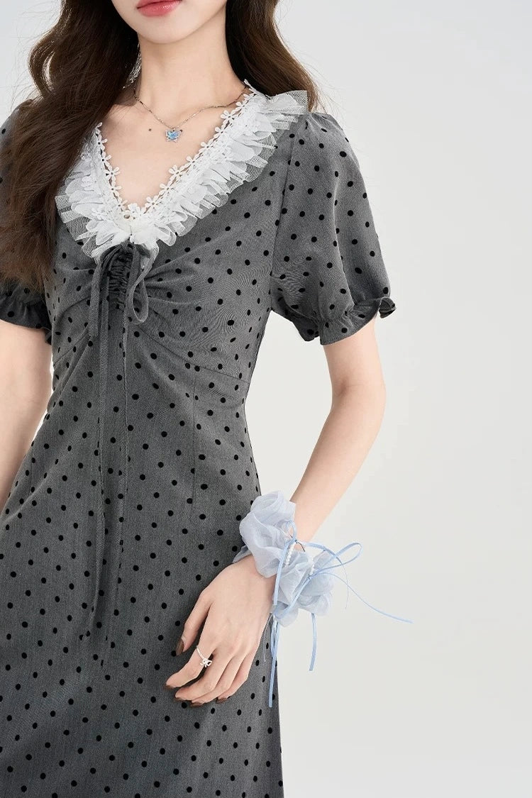 gray polka dot lace trim puff sleeves retro dress
