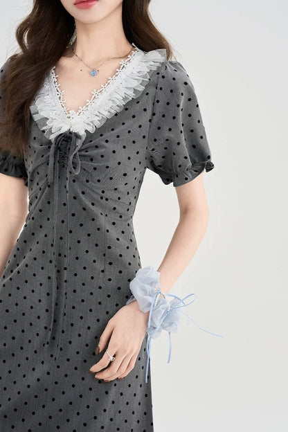 gray polka dot lace trim puff sleeves retro dress