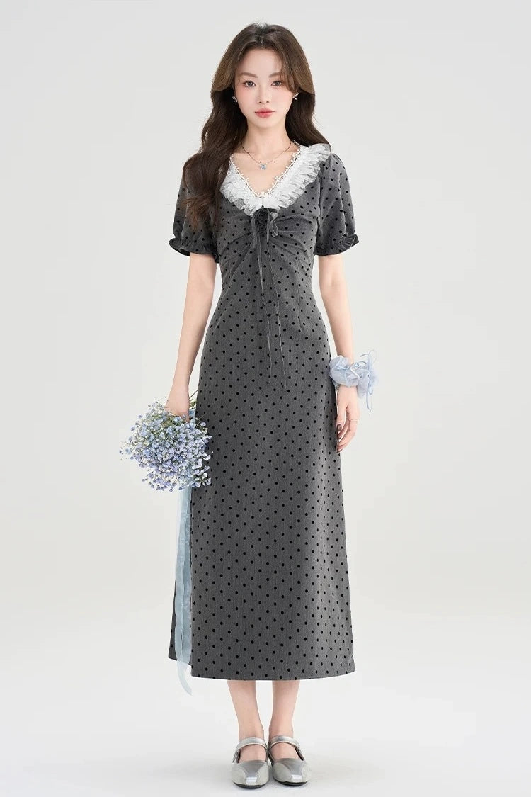 gray polka dot lace trim puff sleeves retro dress