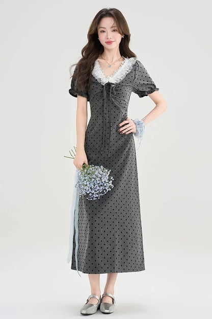 gray polka dot lace trim puff sleeves retro dress
